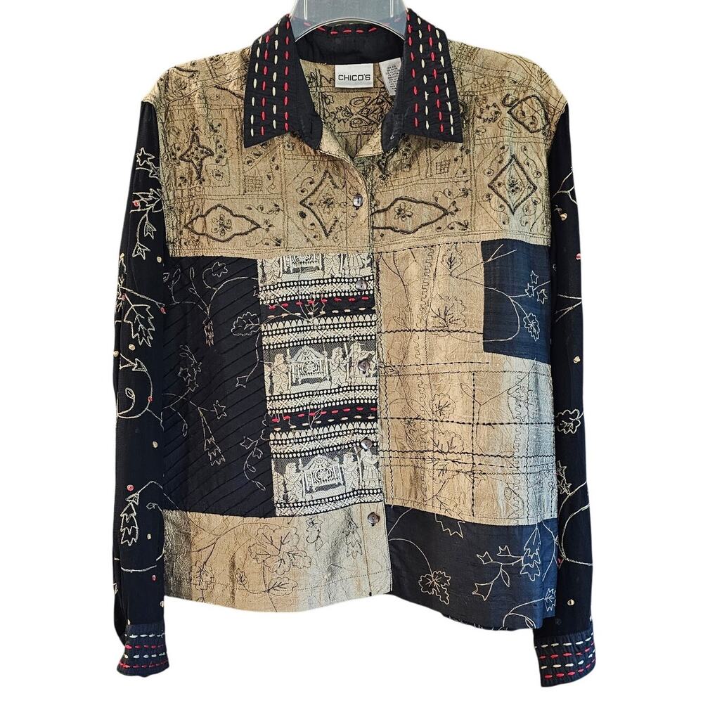 Chico’s Black Tan Embroidered Silk Blend Patchwork Mixed Print Lagenlook Blouse
